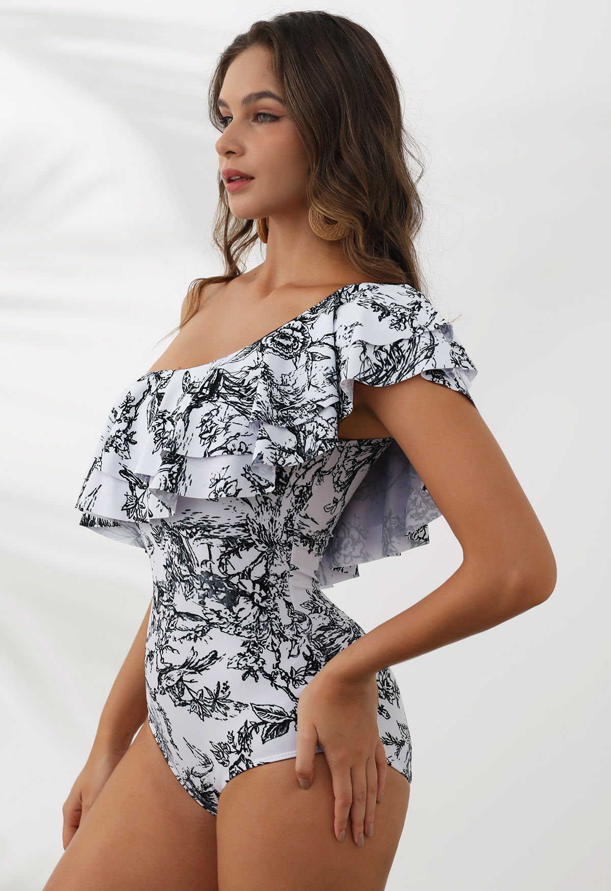 Inky Forest Tiered Ruffle One-Shoulder Swimsuit