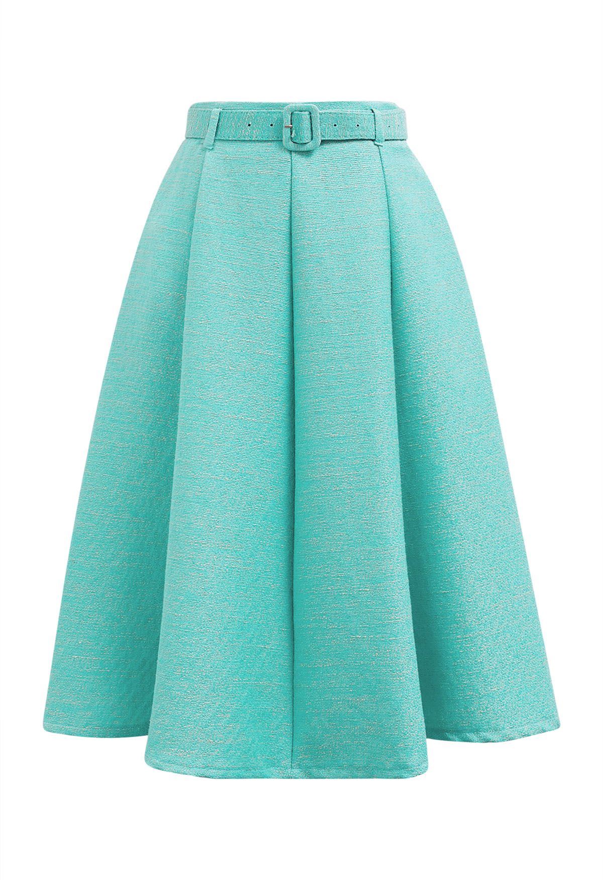 Shimmer Tweed Belted A-Line Midi Skirt in Turquoise