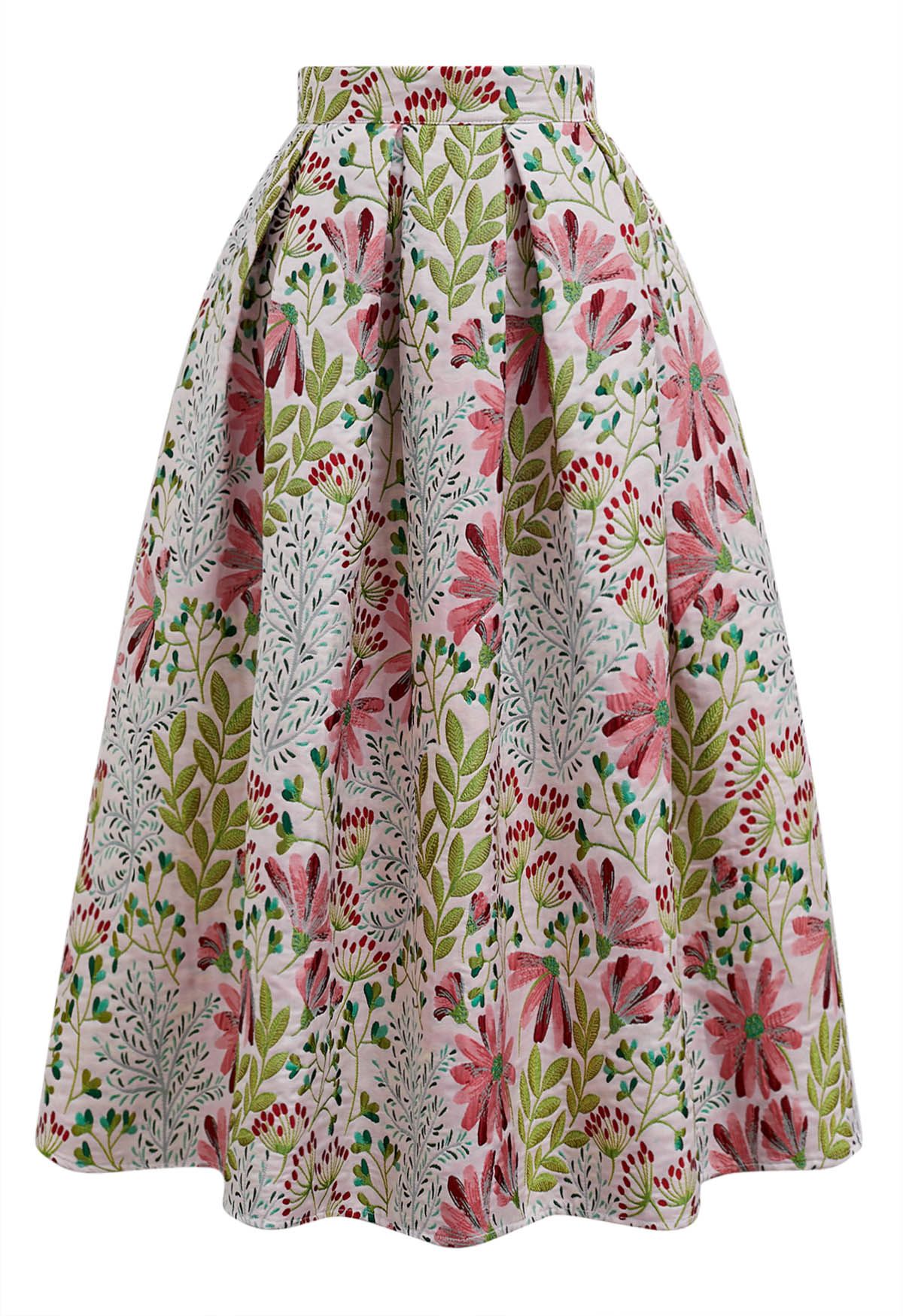 Cheerful Daisy Field Jacquard Pleated Midi Skirt