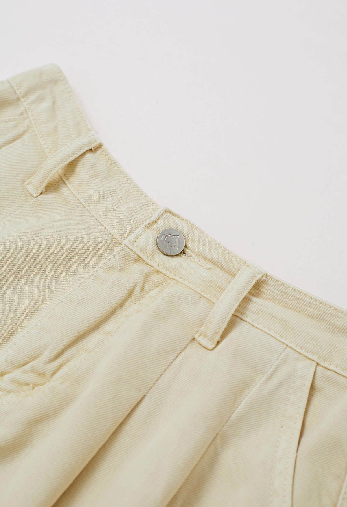 Summer Staple Pleated Belt Denim Shorts in Light Yellow