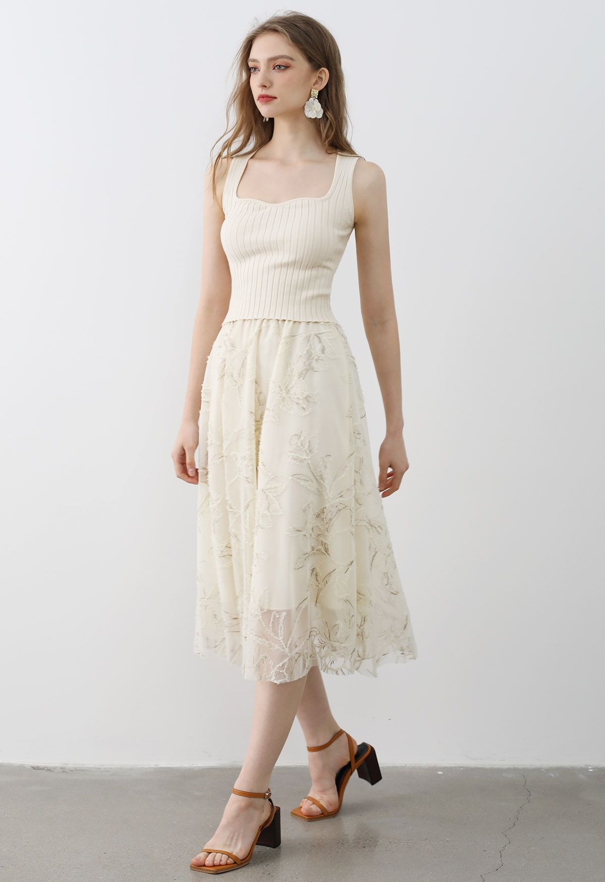 Metallic Thread Fuzzy Floral Mesh Midi Skirt in Cream