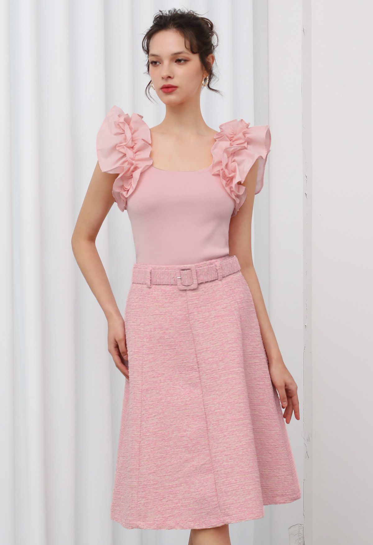 Shimmer Tweed Belted A Line Midi Skirt in Pink Retro Indie and Unique Fashion