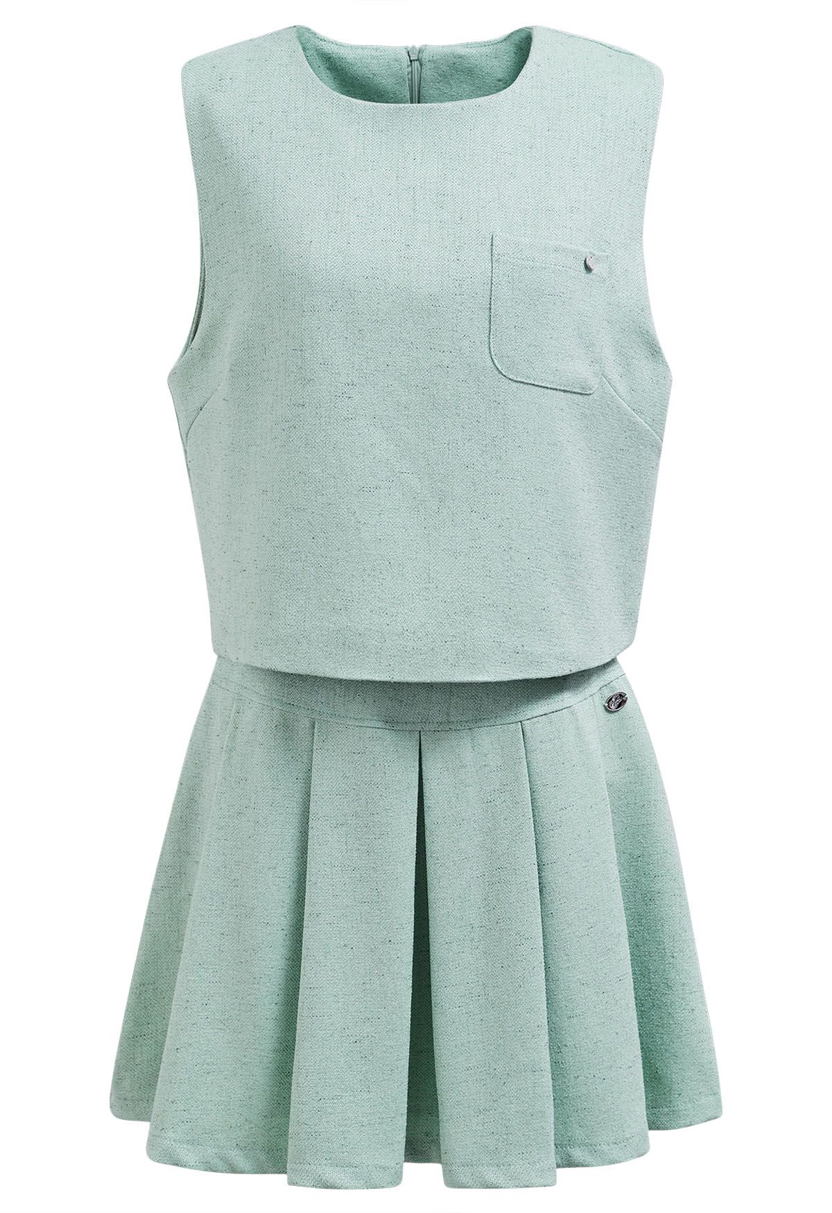 Chic Tweed Sleeveless Top and Pleated Mini Skirt Set in Mint