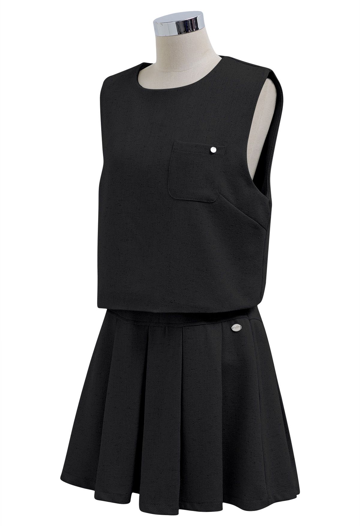 Chic Tweed Sleeveless Top and Pleated Mini Skirt Set in Black