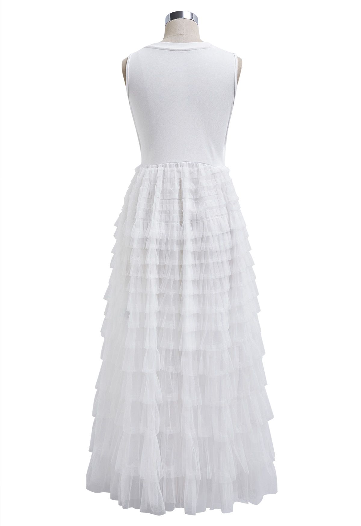 Tiered Mesh Spliced Sleeveless Maxi Dress in White