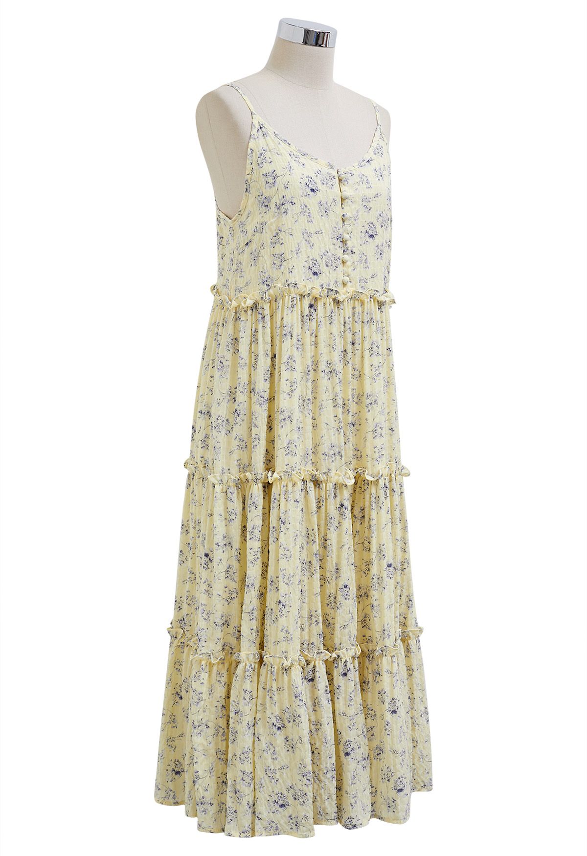 Floral Front Buttoned Ruffled Trim Cami Midi Dress in Light Yellow