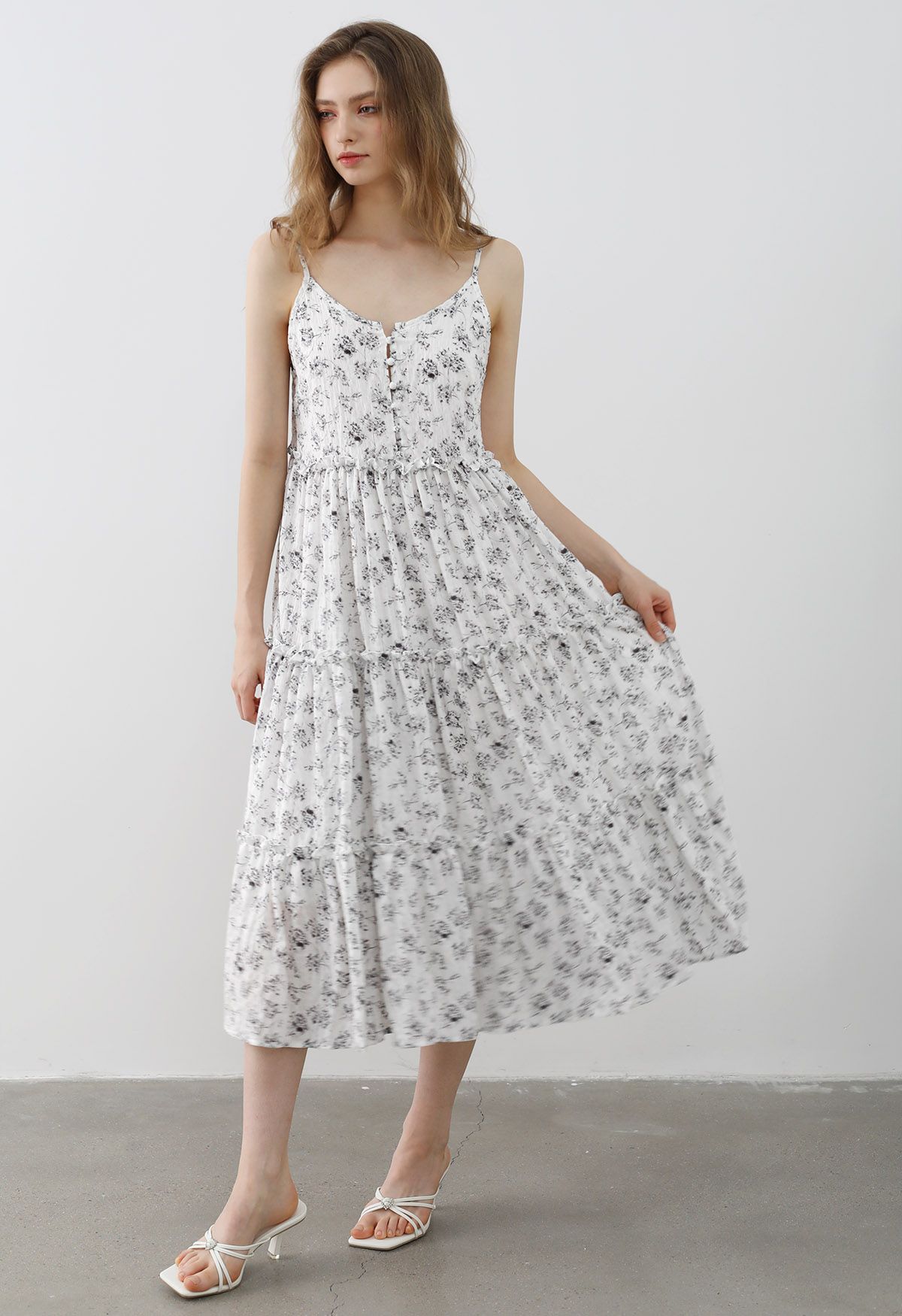 Floral Front Buttoned Ruffled Trim Cami Midi Dress in White