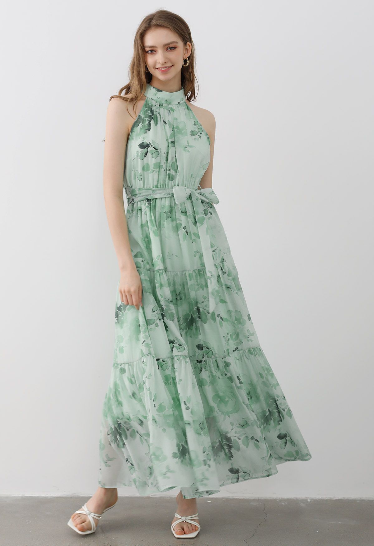 Floral Halter Neck Tie Waist Maxi Dress in Mint