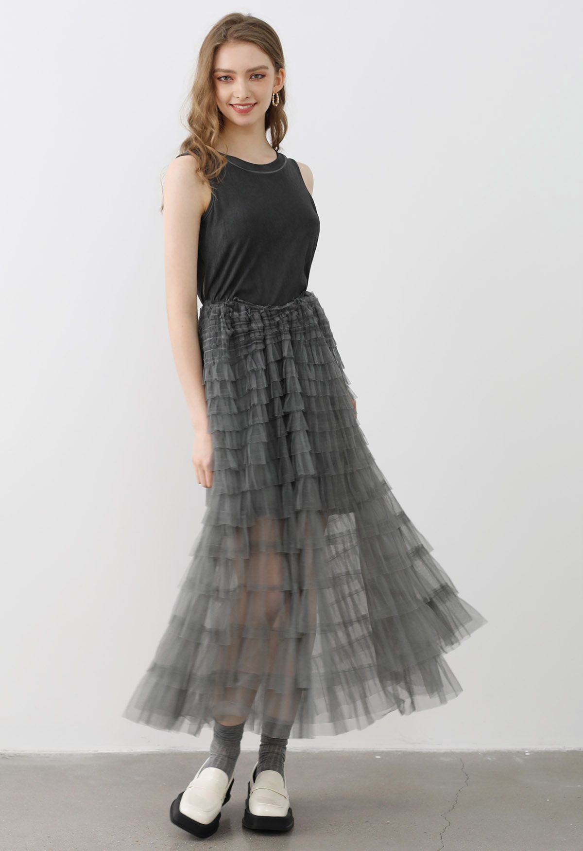 Tiered Mesh Spliced Sleeveless Maxi Dress in Smoke