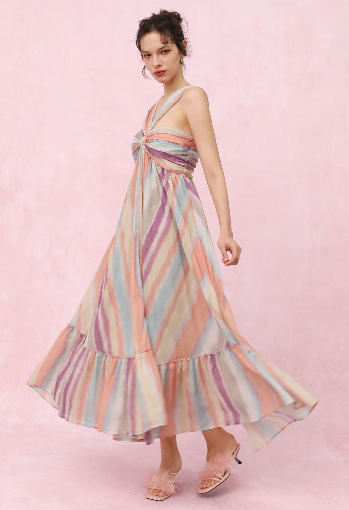 Rainbow Stripe Halter Neck Asymmetric Dress