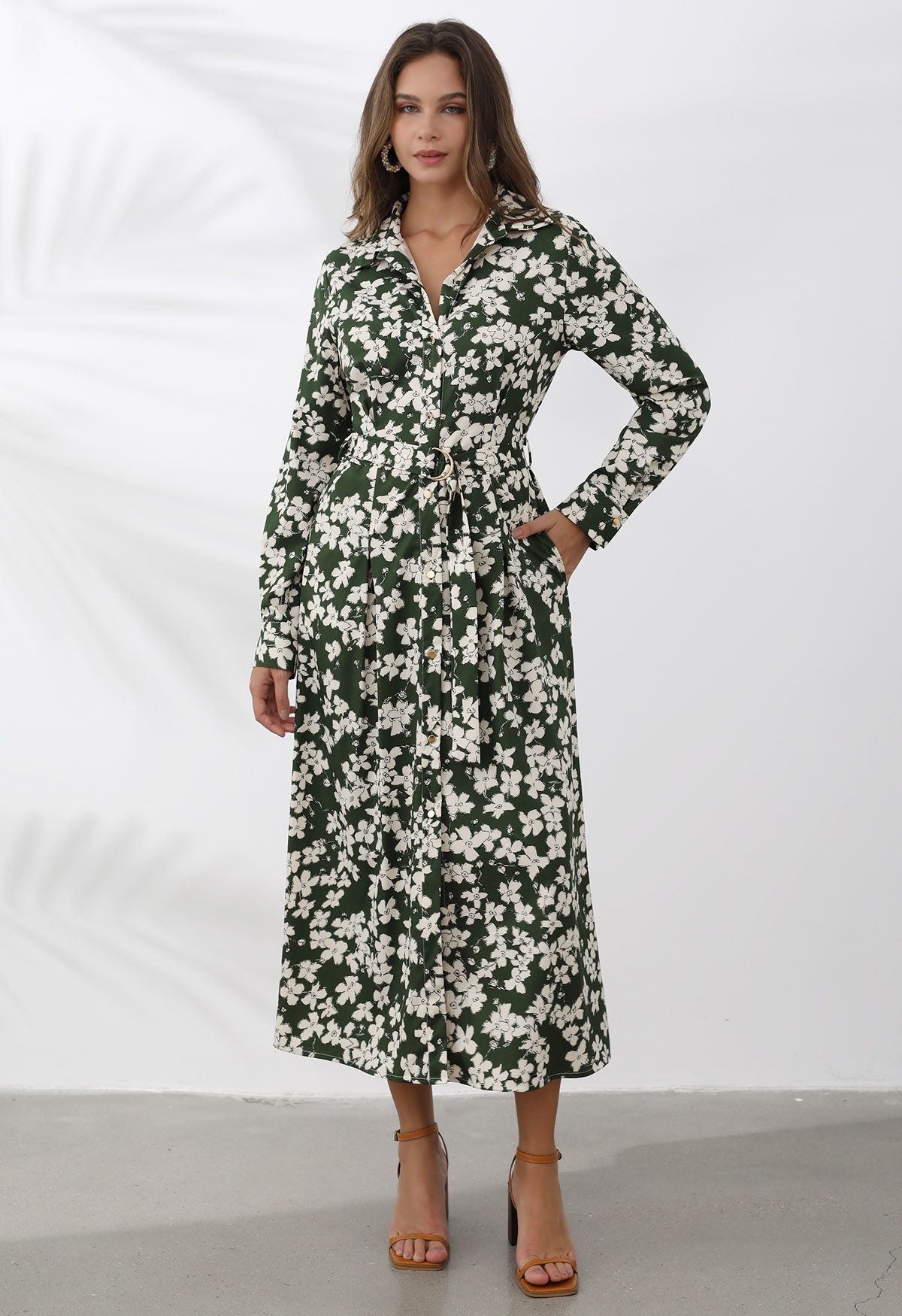 V-Neck Collared Floral Printed Belted Maxi Dress