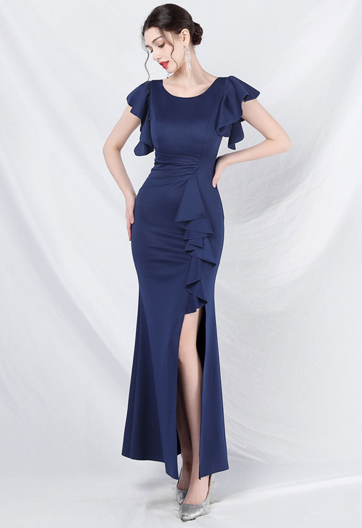 Glamorous Ruffle Trim Slit Mermaid Gown in Navy