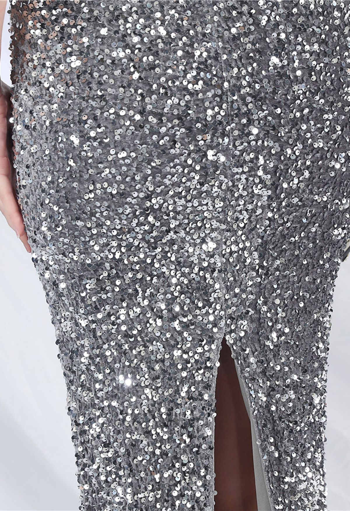 Glitzy Sequin Split Velvet Cami Gown in Grey