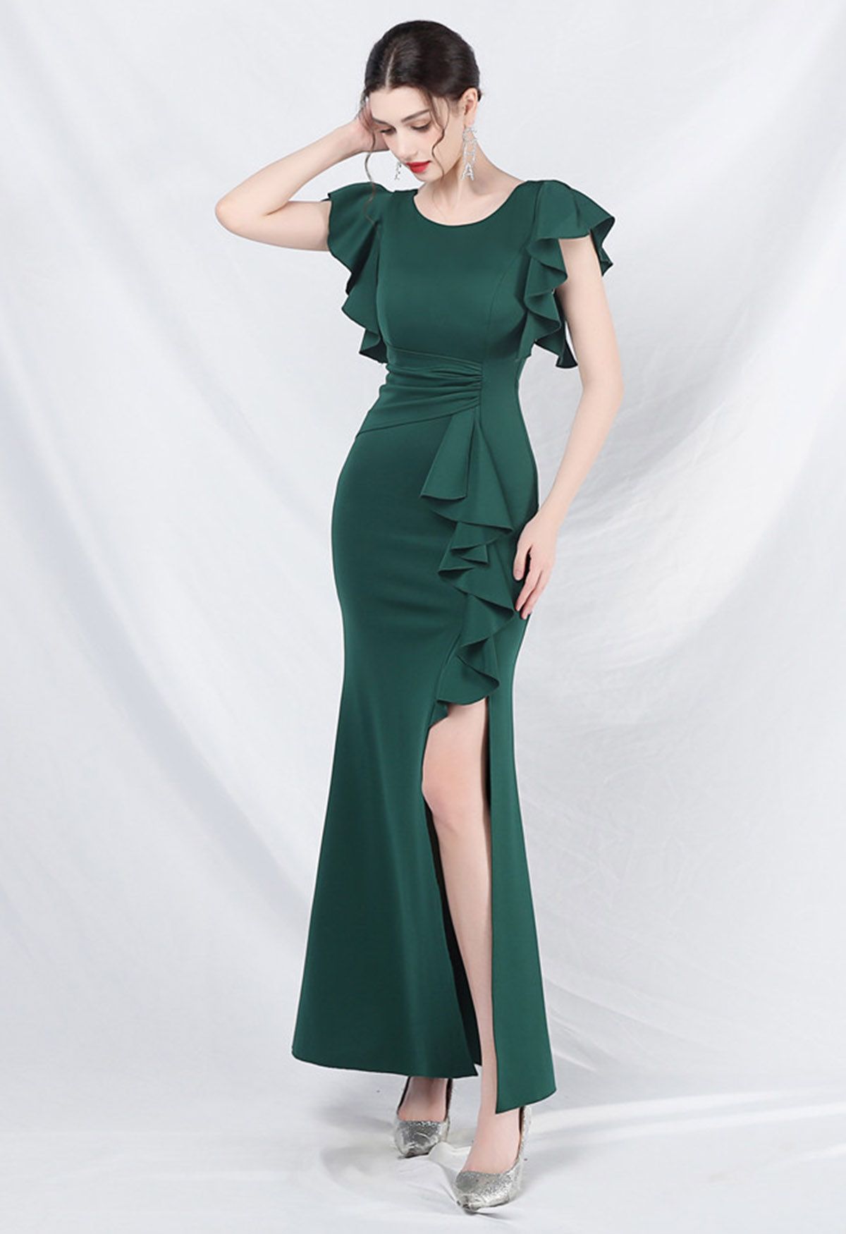 Glamorous Ruffle Trim Slit Mermaid Gown in Dark Green