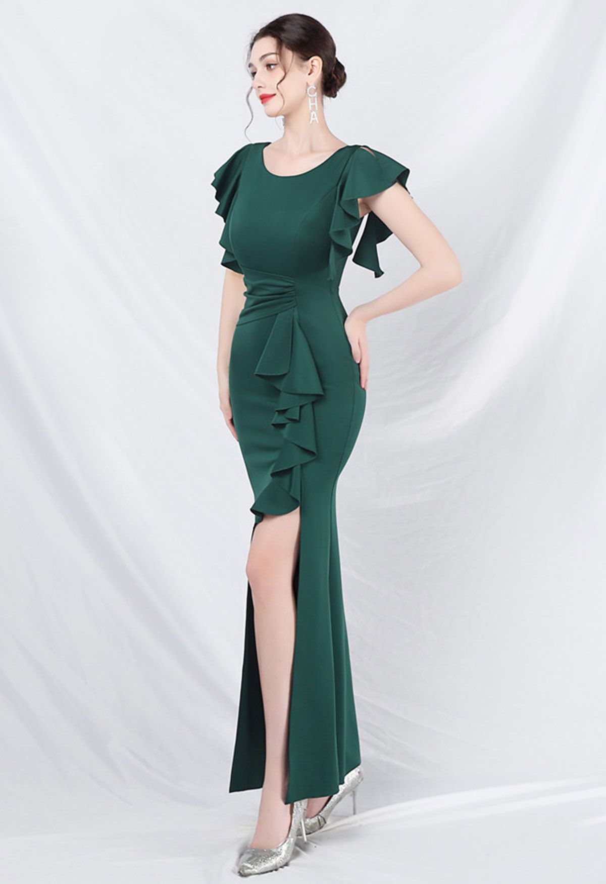 Glamorous Ruffle Trim Slit Mermaid Gown in Dark Green