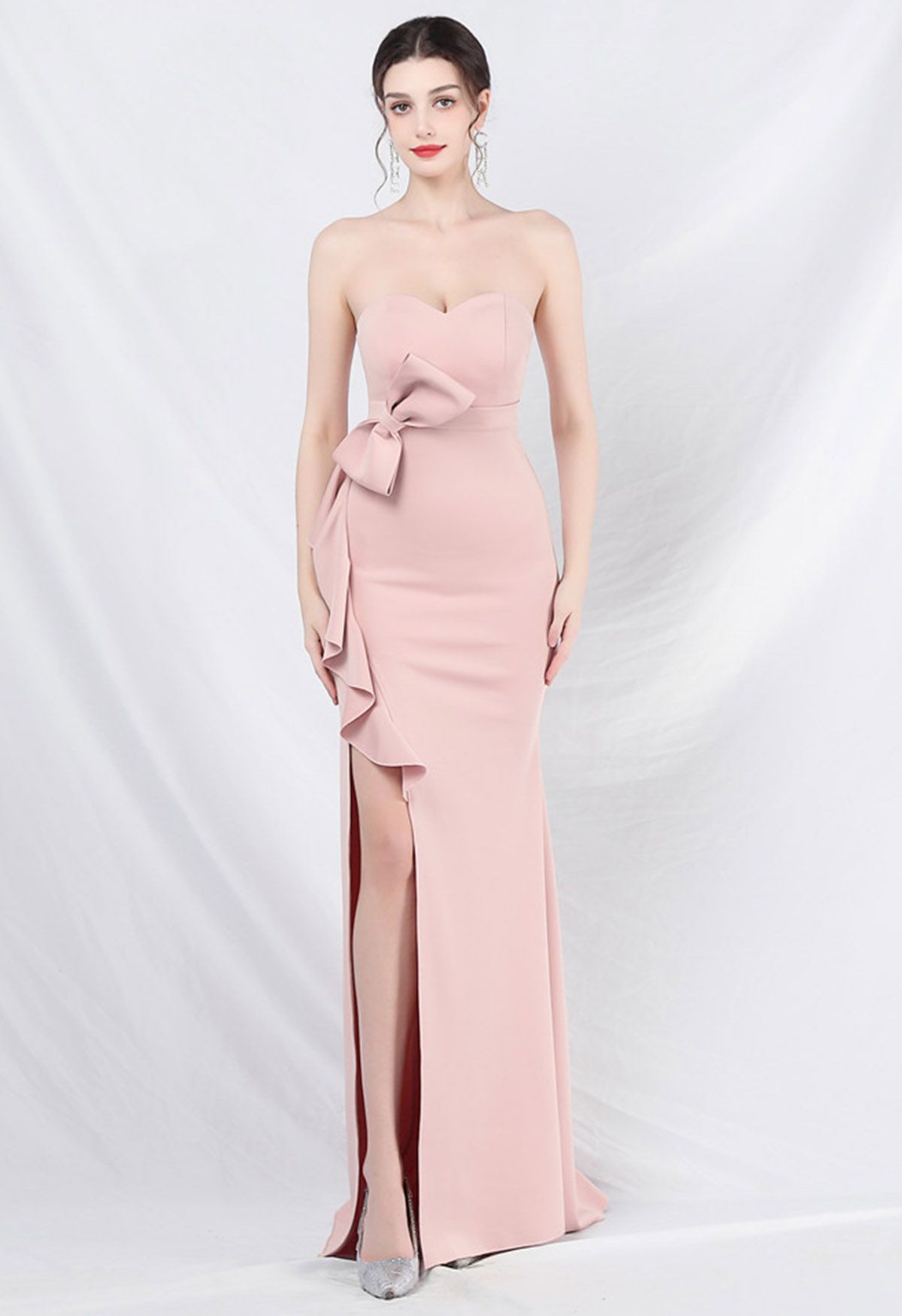 Strapless Bowknot Waist Ruffle Slit Gown in Pink