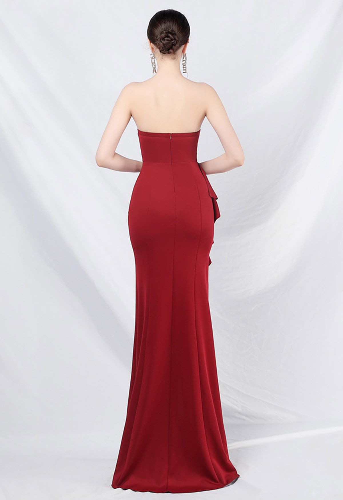 Strapless Bowknot Waist Ruffle Slit Gown in Red