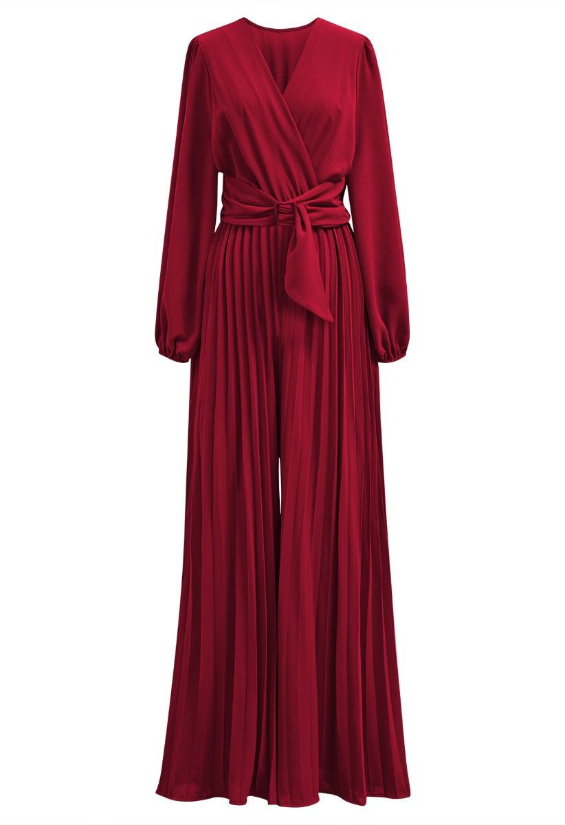 Sash Adorned Wide Leg Pleated Jumpsuit in Red