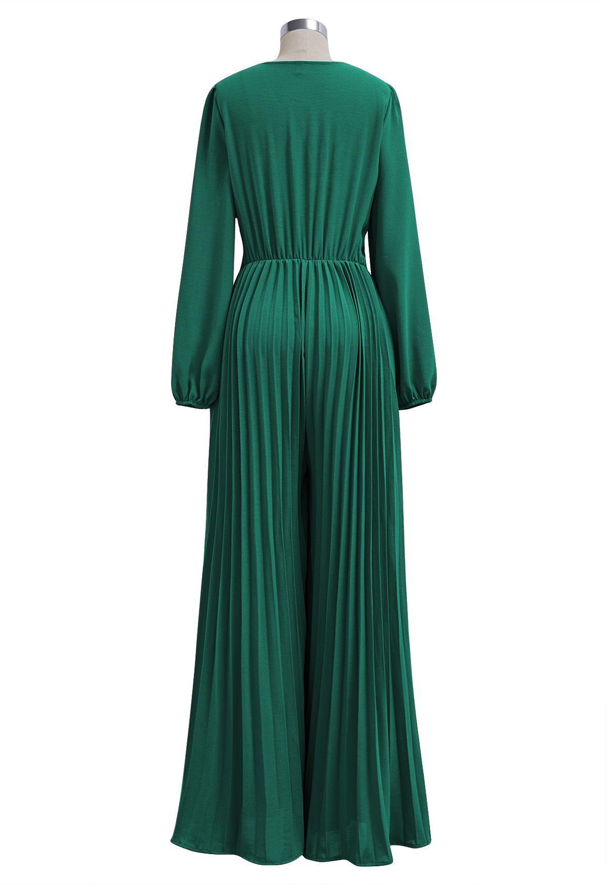 Sash Adorned Wide Leg Pleated Jumpsuit in Dark Green