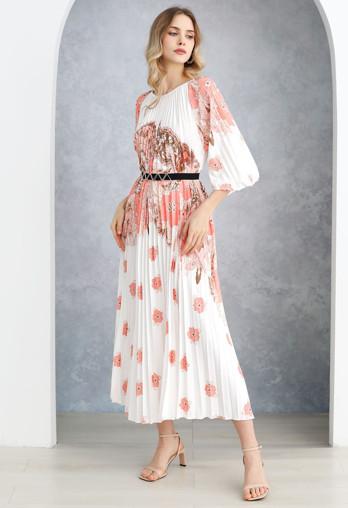 Blossoming Day Watercolor Pleated Maxi Dress in Coral