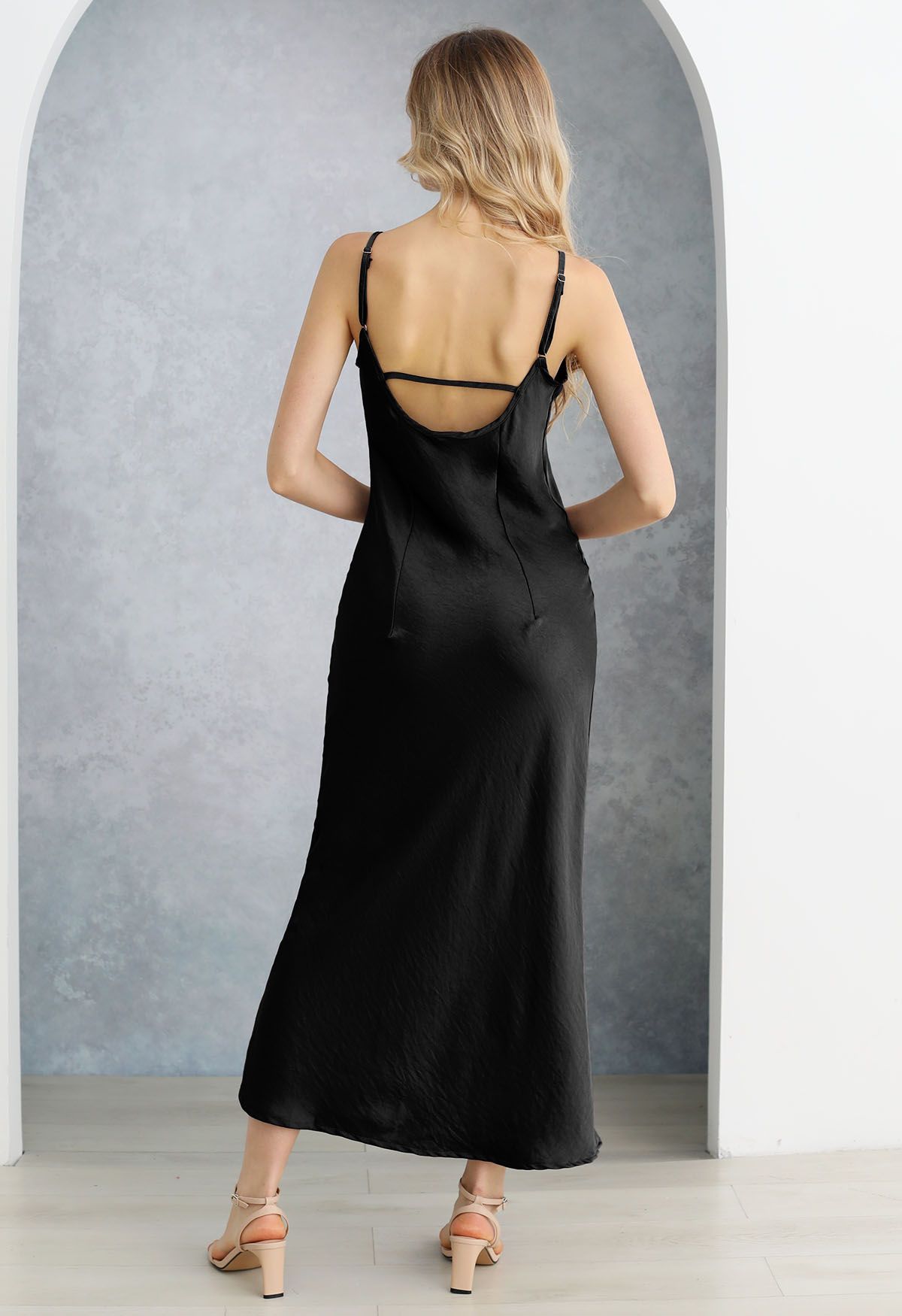 Texture Satin Backless Maxi Dress in Black