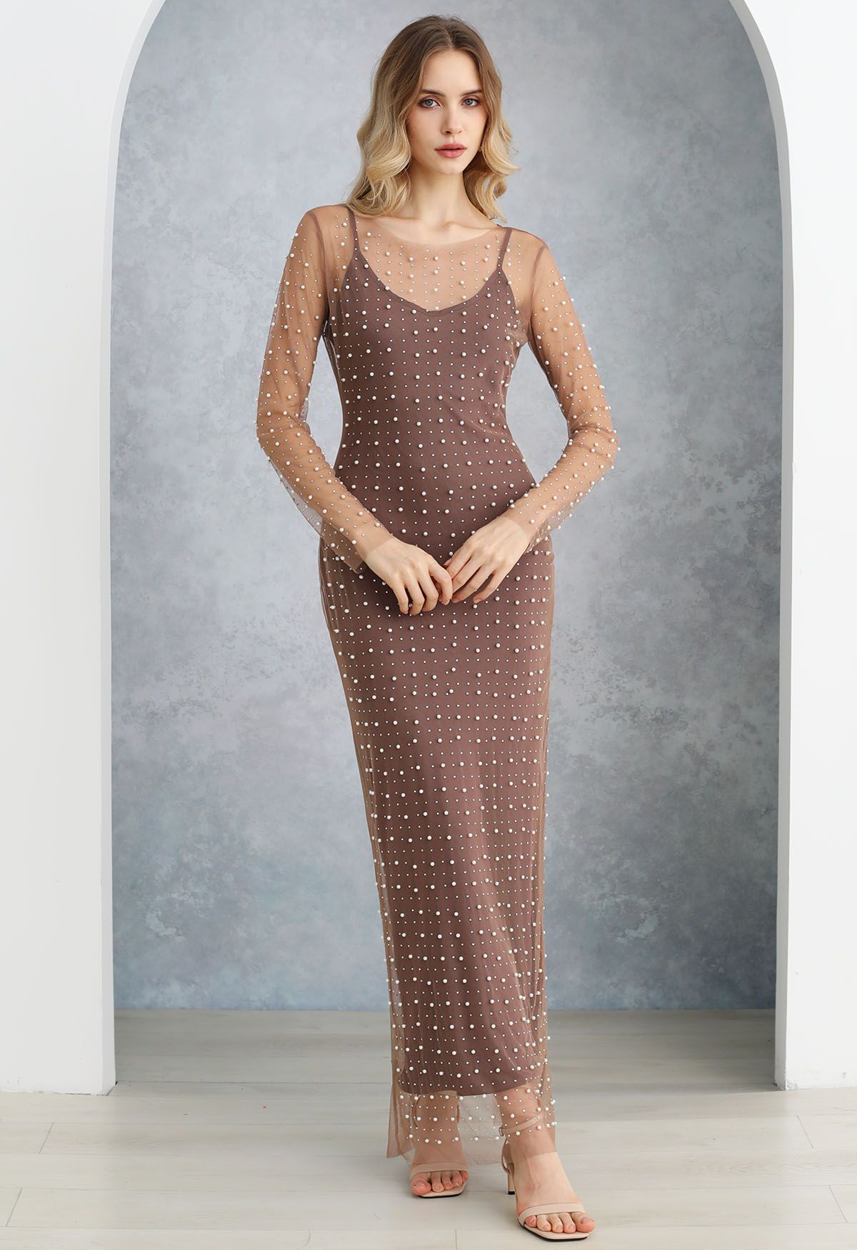 Full Pearl Embellished Sheer Mesh Cover-Up Maxi Dress in Plum