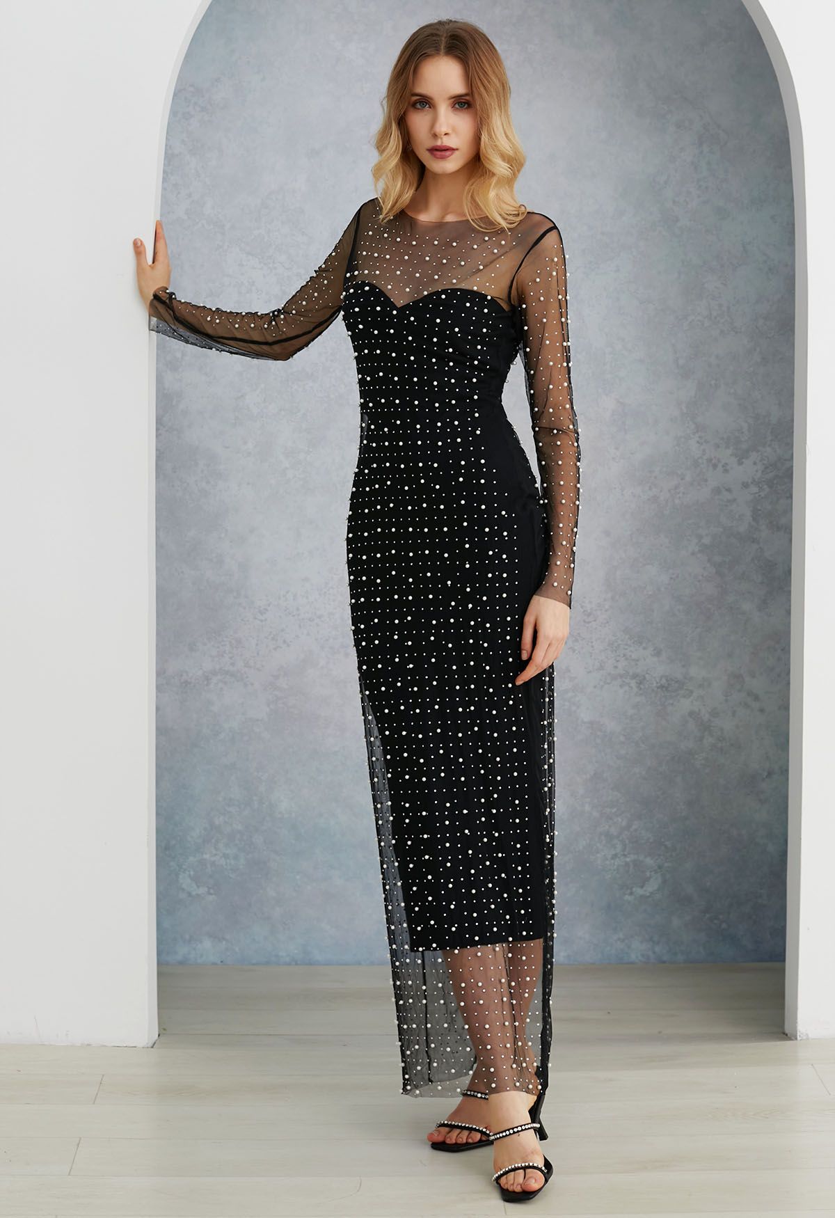 Full Pearl Embellished Sheer Mesh Cover-Up Maxi Dress in Black