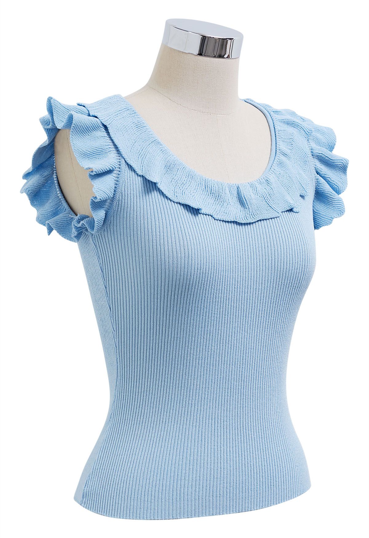 Ethereal Ruffle Sleeveless Knit Top in Blue