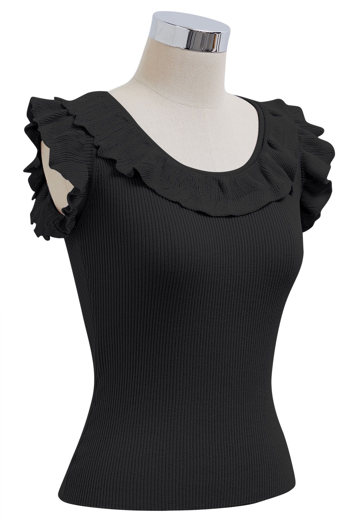 Ethereal Ruffle Sleeveless Knit Top in Black