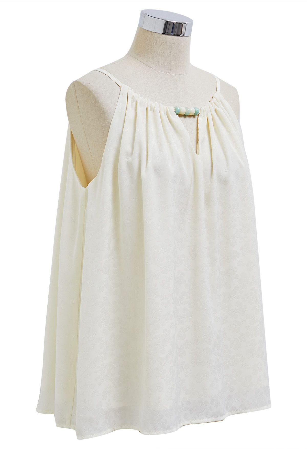 Beaded Halter Neck Floret Jacquard Top in Cream