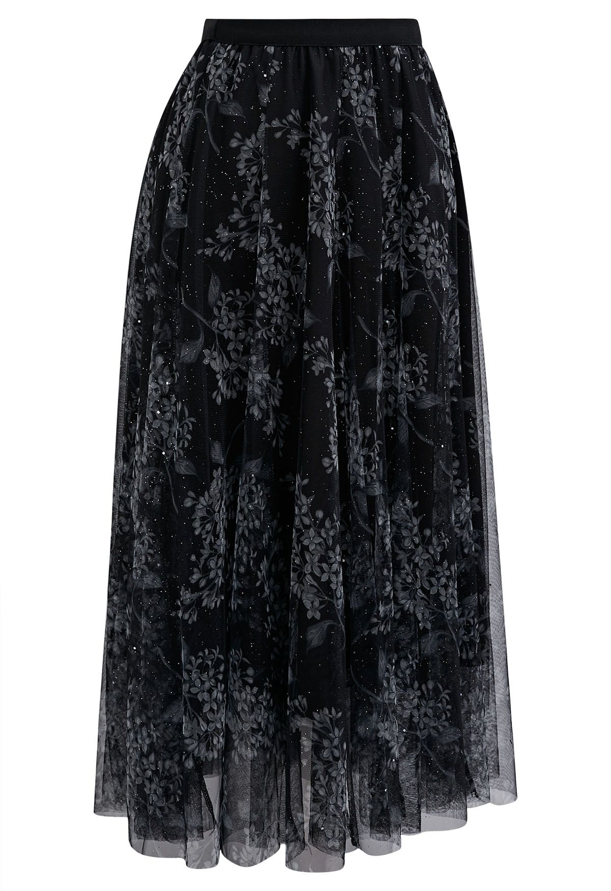 Shimmer Floral Mesh Tulle Midi Skirt in Black