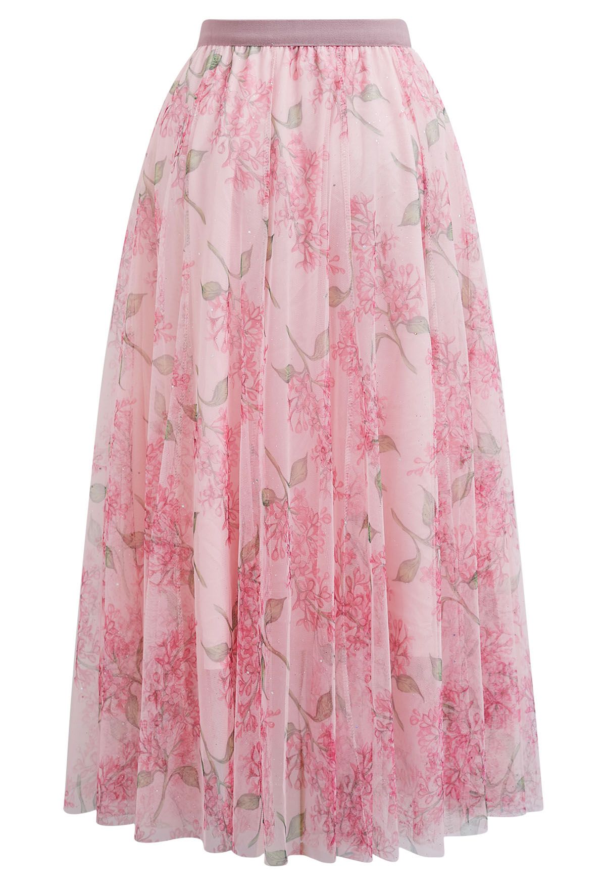 Shimmer Floral Mesh Tulle Midi Skirt in Pink