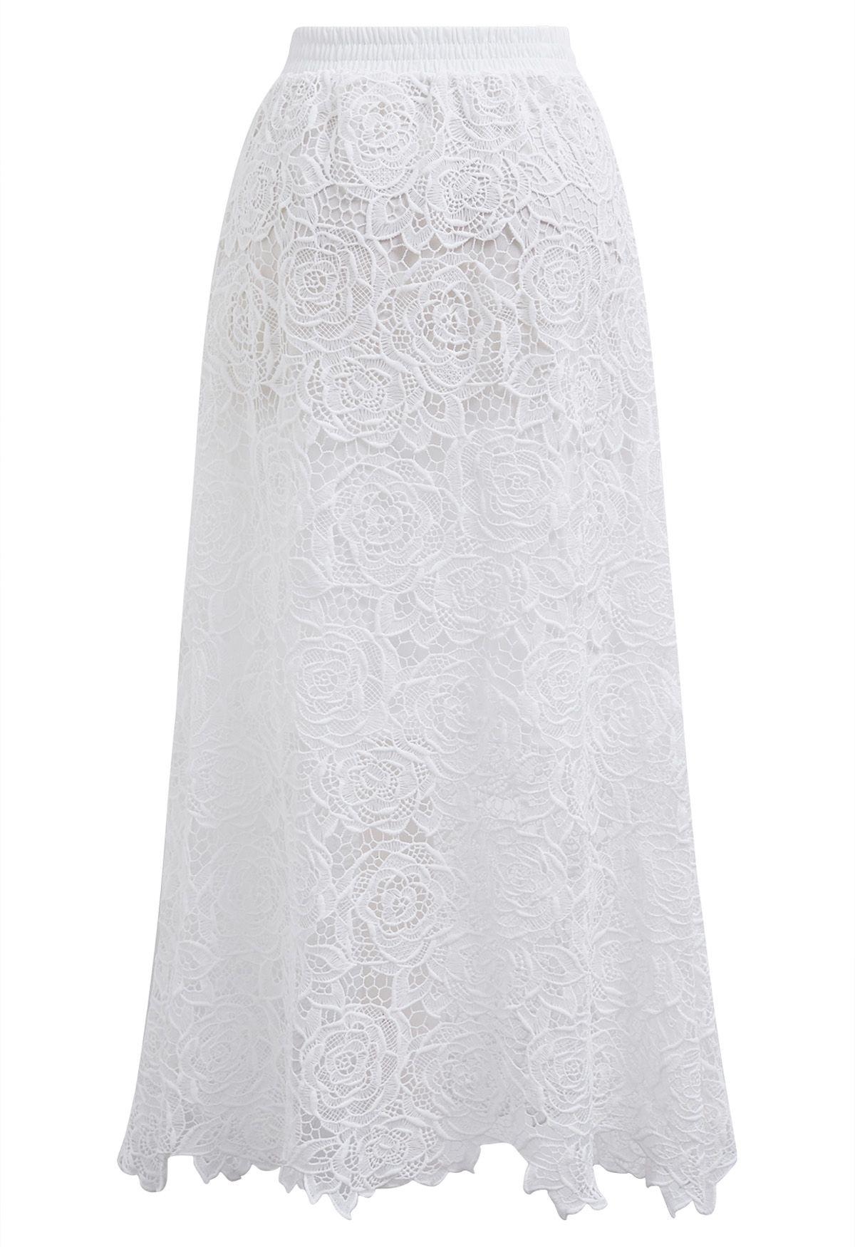 Exquisite Rose Cutwork Lace Maxi Skirt in White