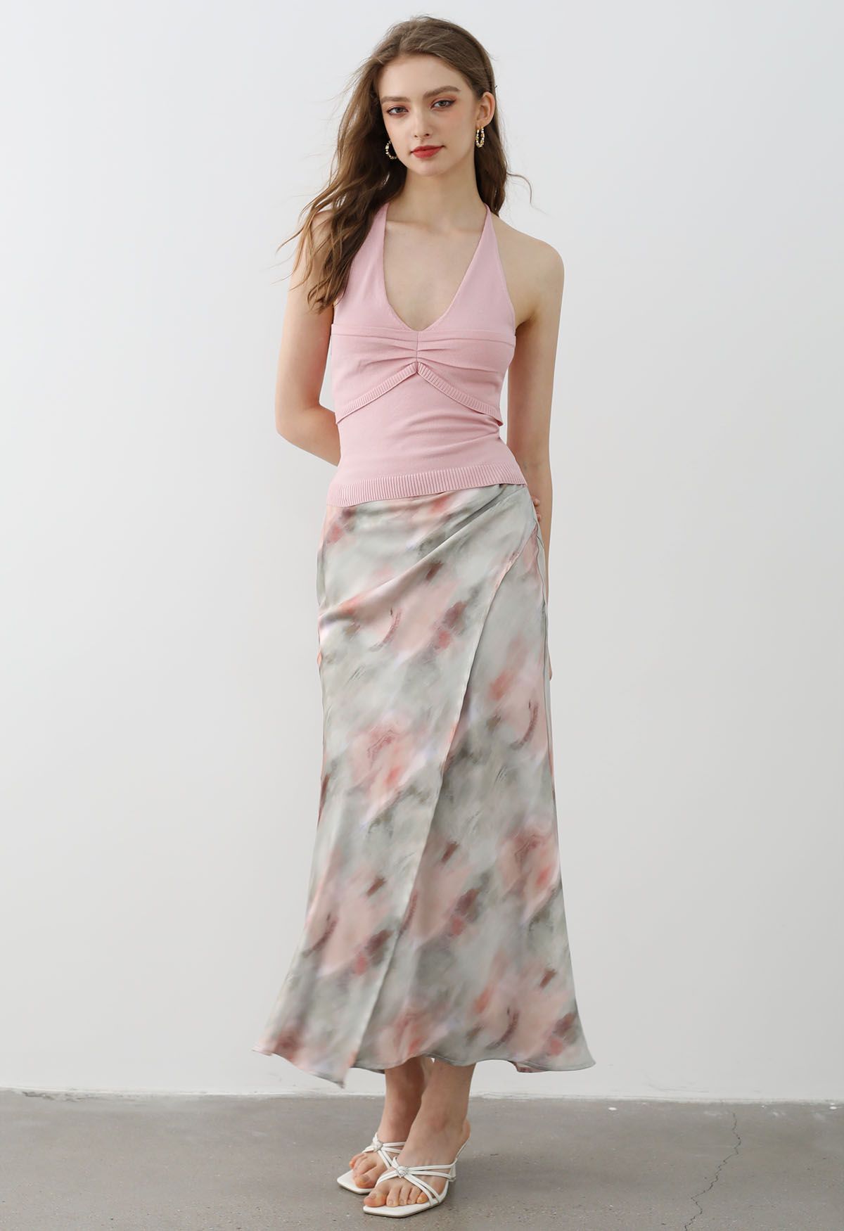 Watercolor Print Asymmetric Flap Maxi Skirt