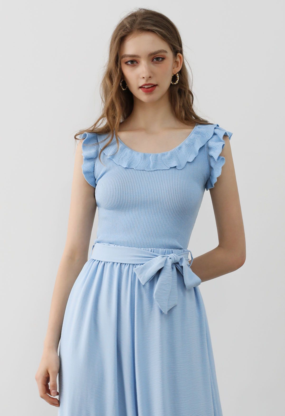 Ethereal Ruffle Sleeveless Knit Top in Blue