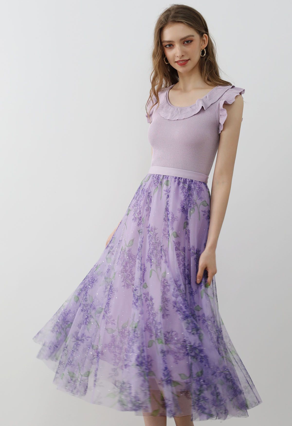 Shimmer Floral Mesh Tulle Midi Skirt in Purple