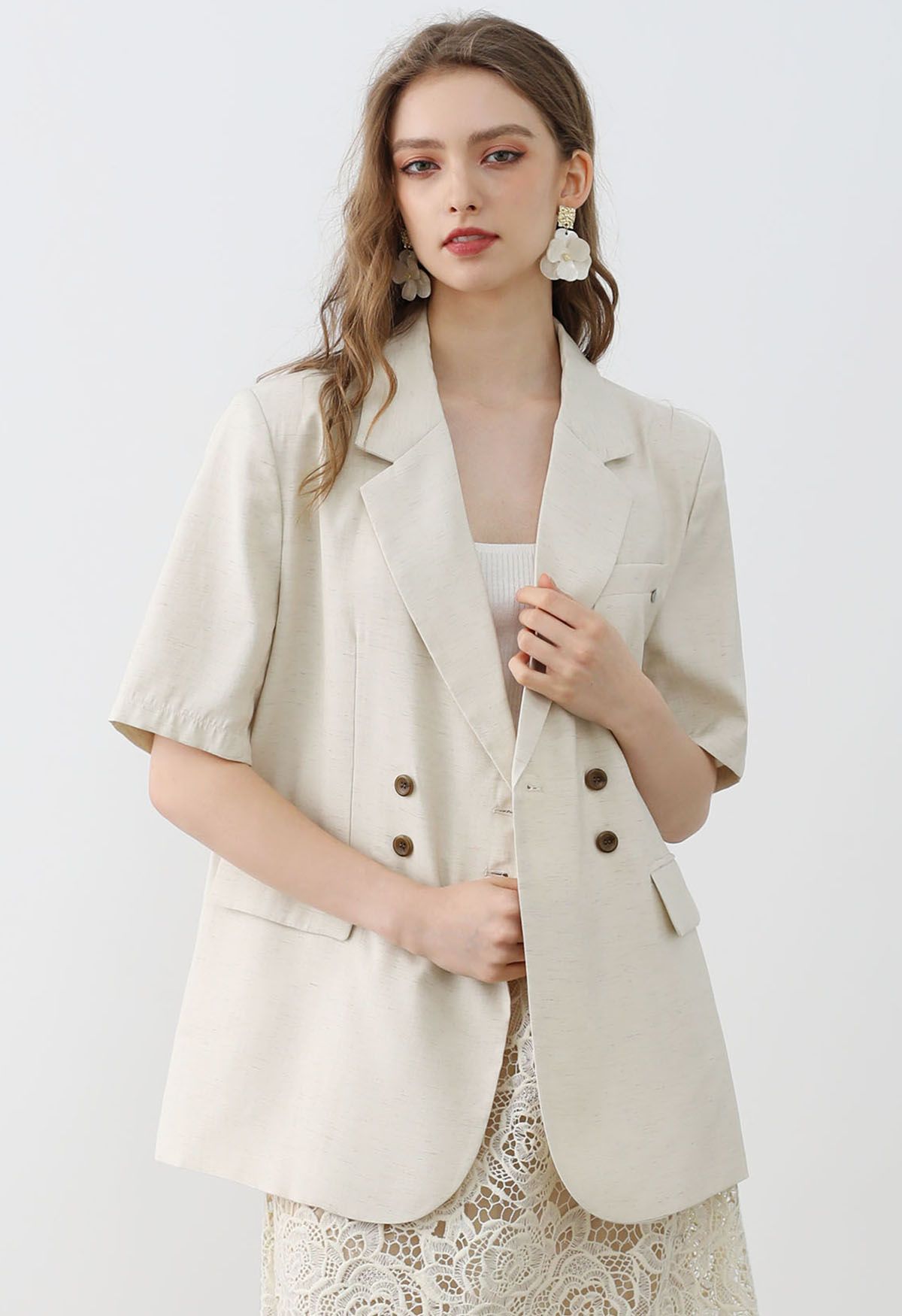 Slit Back Short Sleeve Linen-Blend Blazer in Ivory