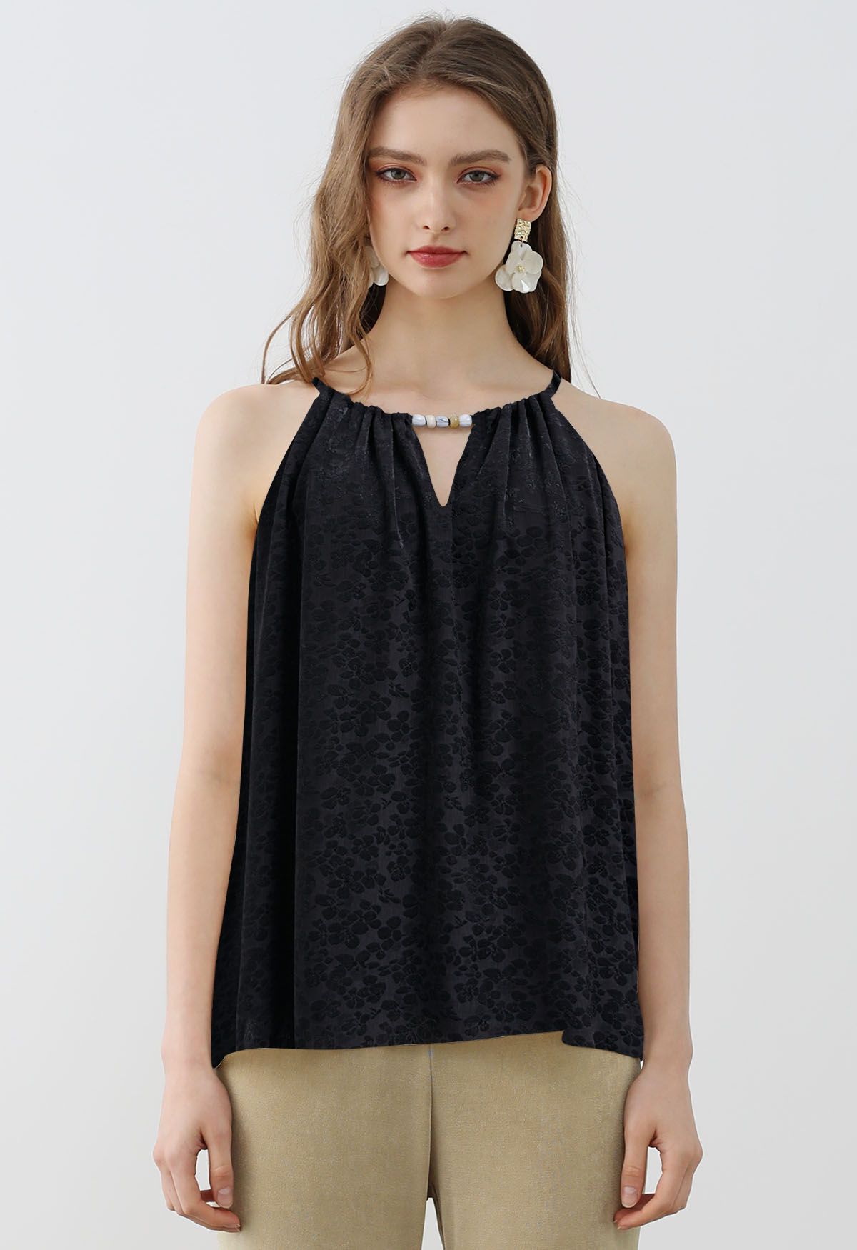 Beaded Halter Neck Floret Jacquard Top in Black