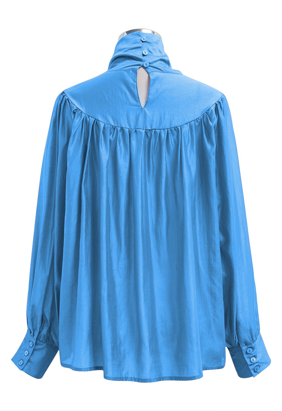 Charming Bowknot Puff Sleeve Sheer Shirt in Blue