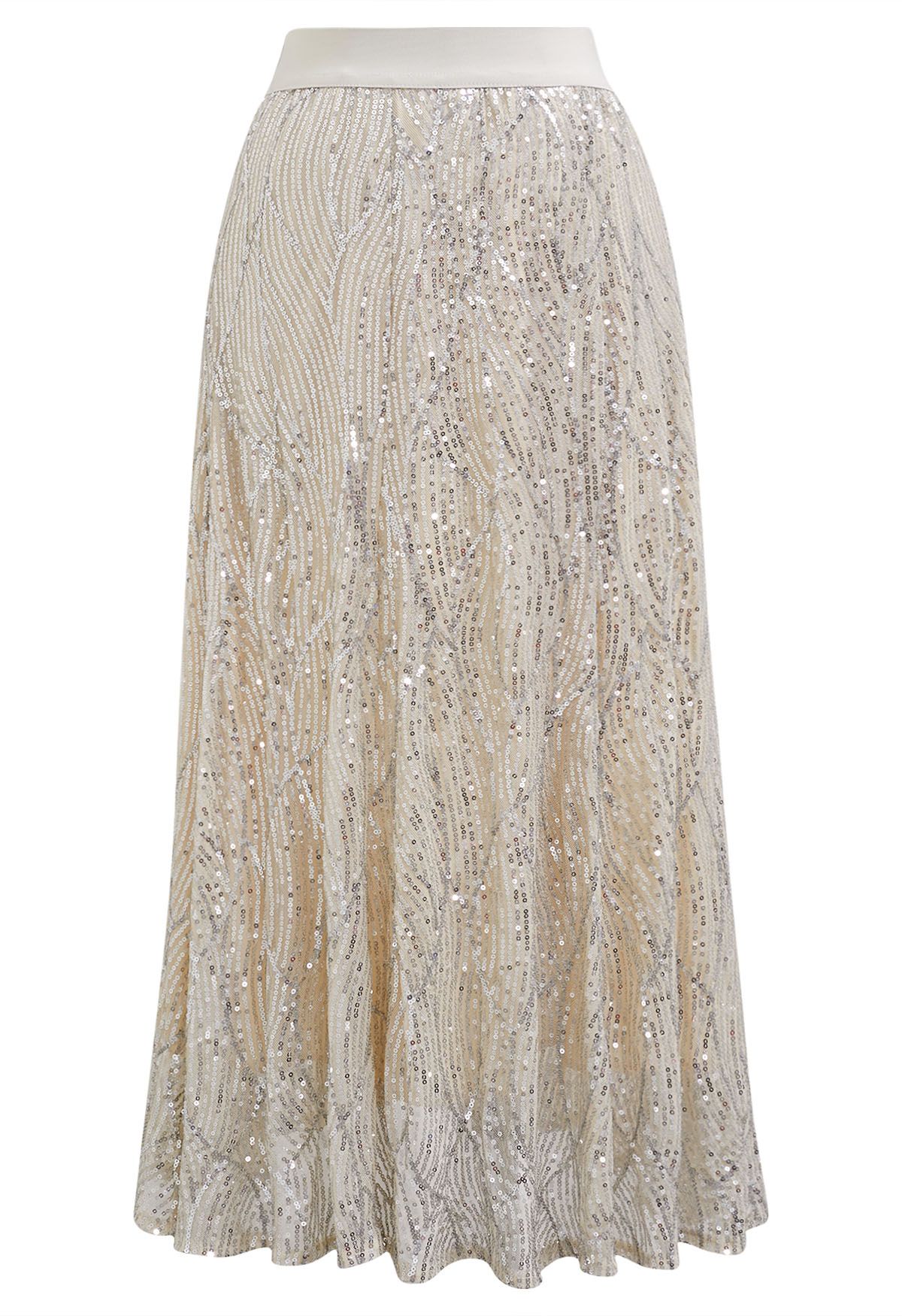 Luster Sequin Frilling Midi Skirt in Ivory