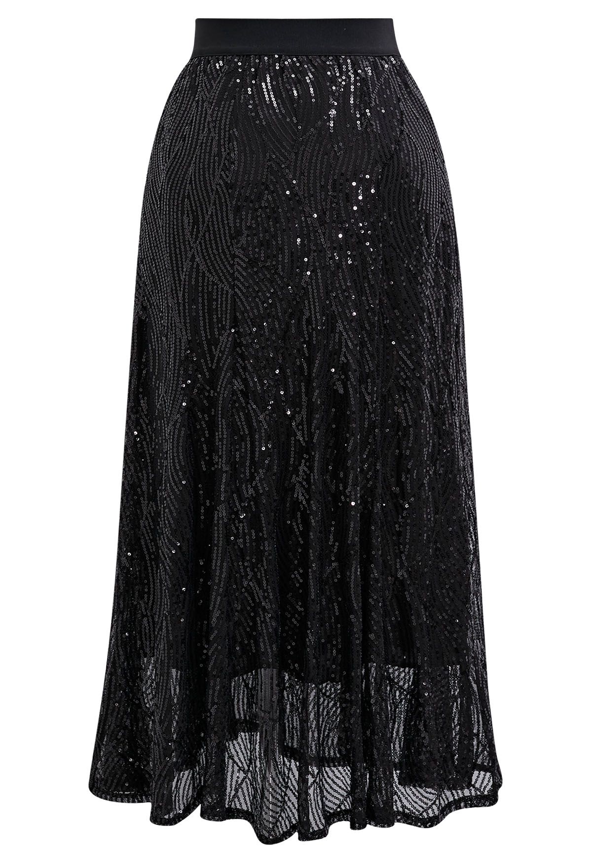 Luster Sequin Frilling Midi Skirt in Black