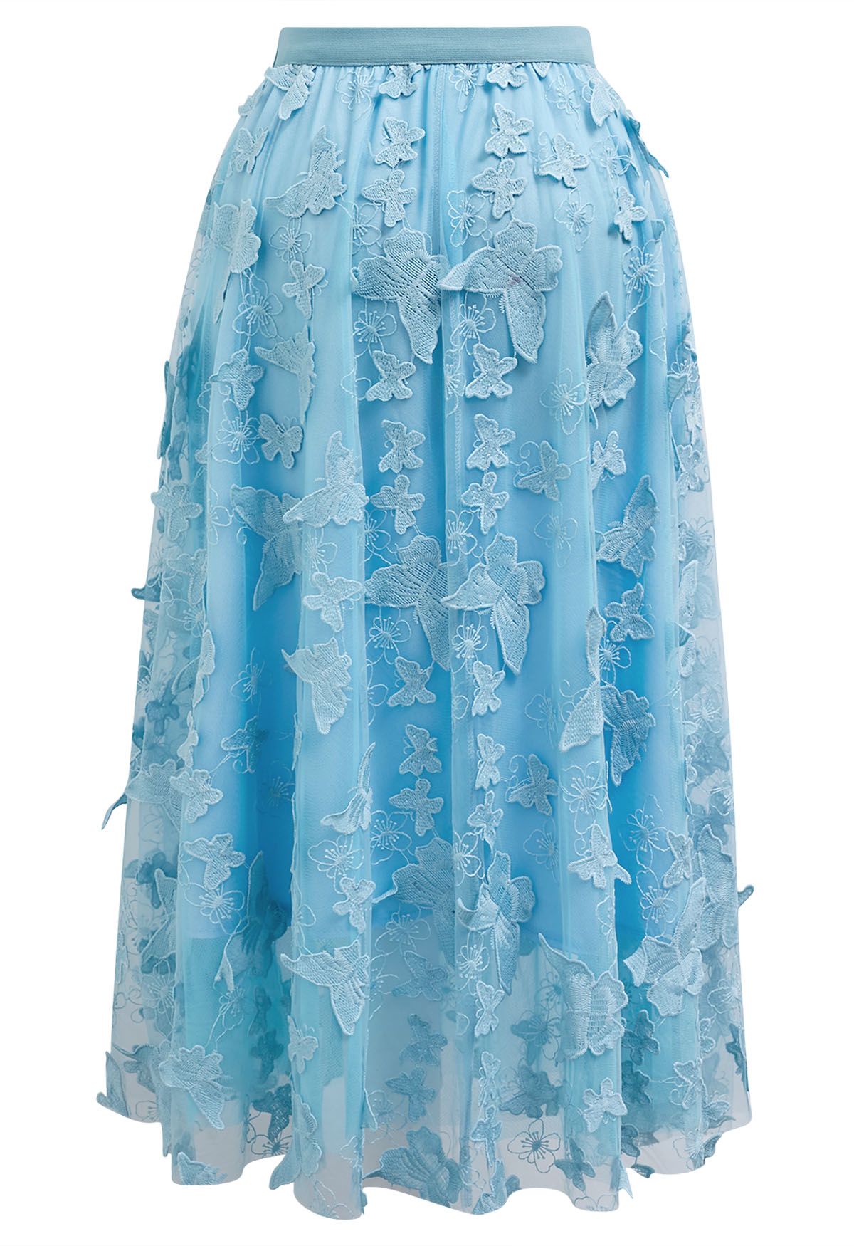 Loveliness 3D Butterfly Embroidered Mesh Tulle Midi Skirt in Blue