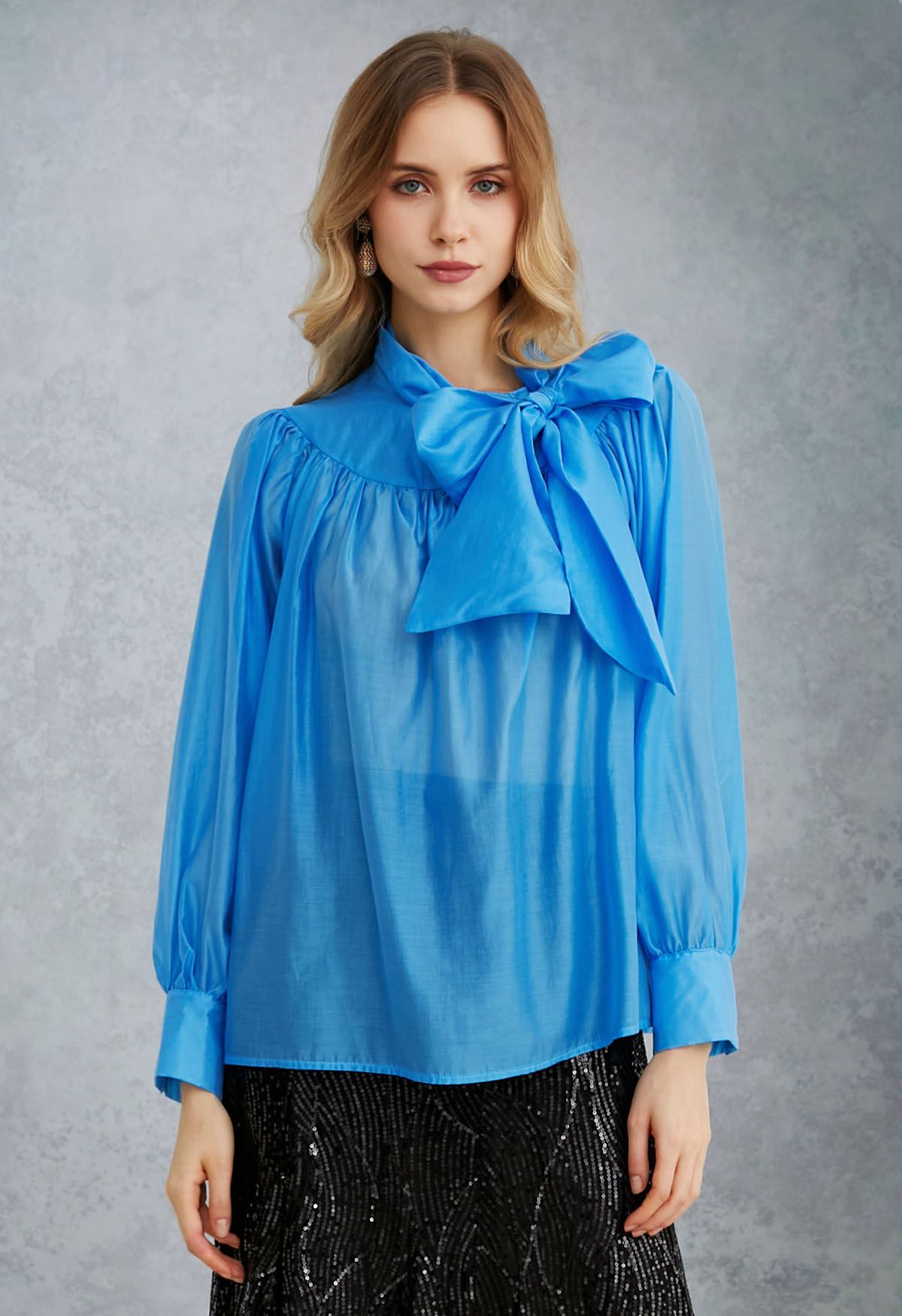 Charming Bowknot Puff Sleeve Sheer Shirt in Blue