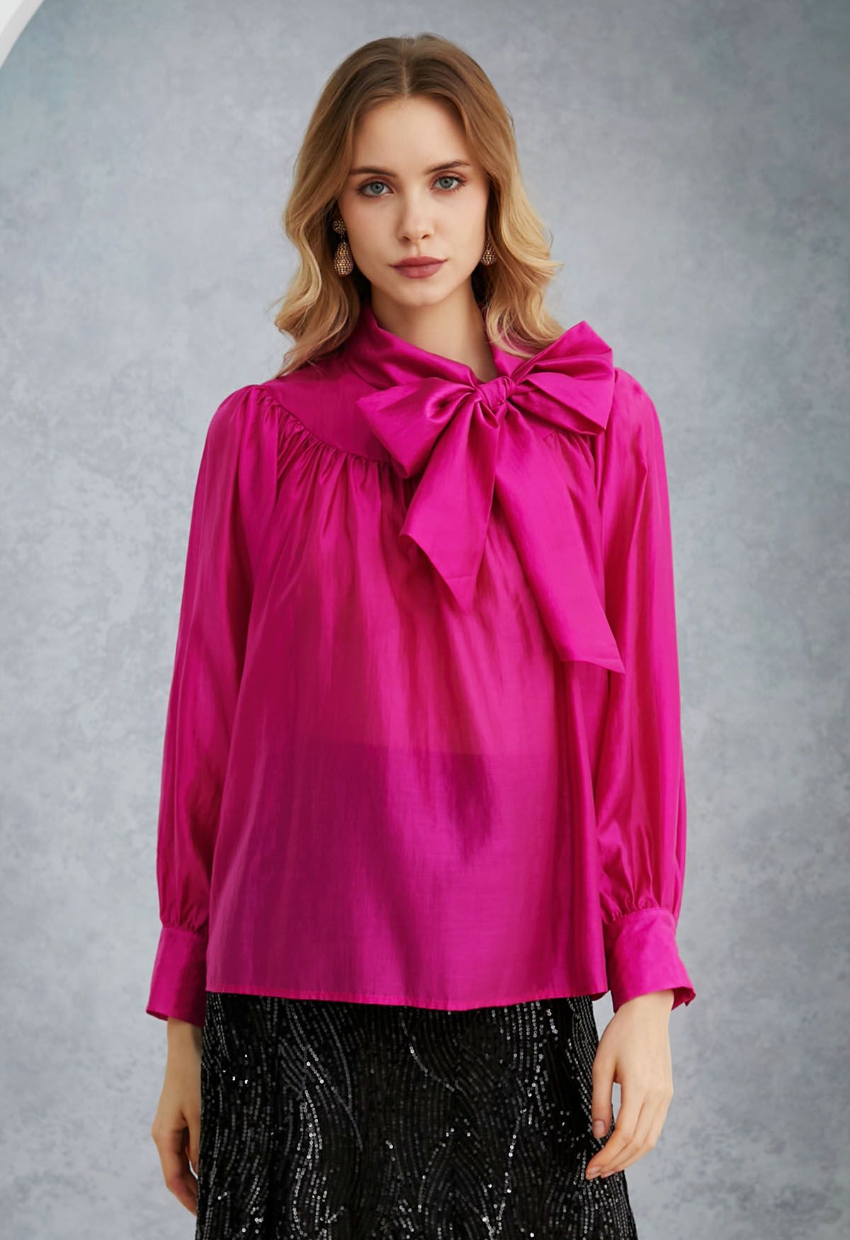 Charming Bowknot Puff Sleeve Sheer Shirt in Hot Pink