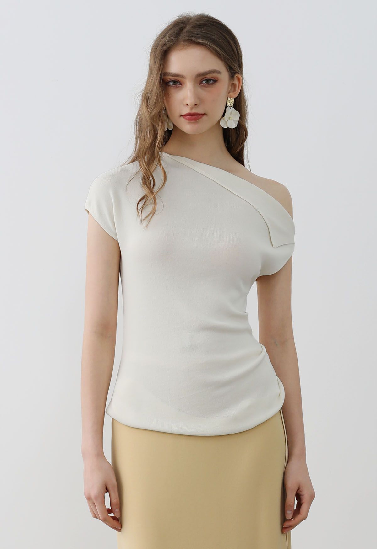 Asymmetric Folded Collar Knit Top in Cream