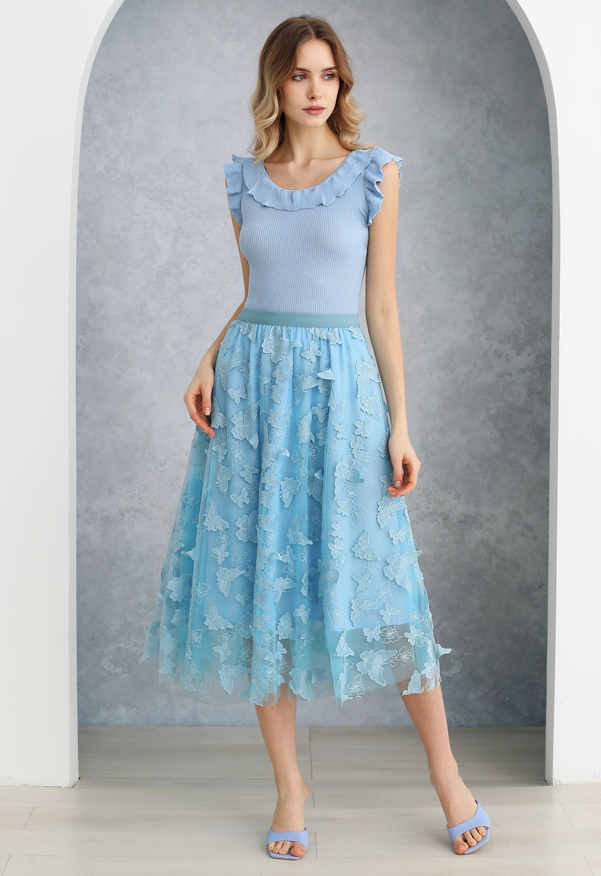 Loveliness 3D Butterfly Embroidered Mesh Tulle Midi Skirt in Blue