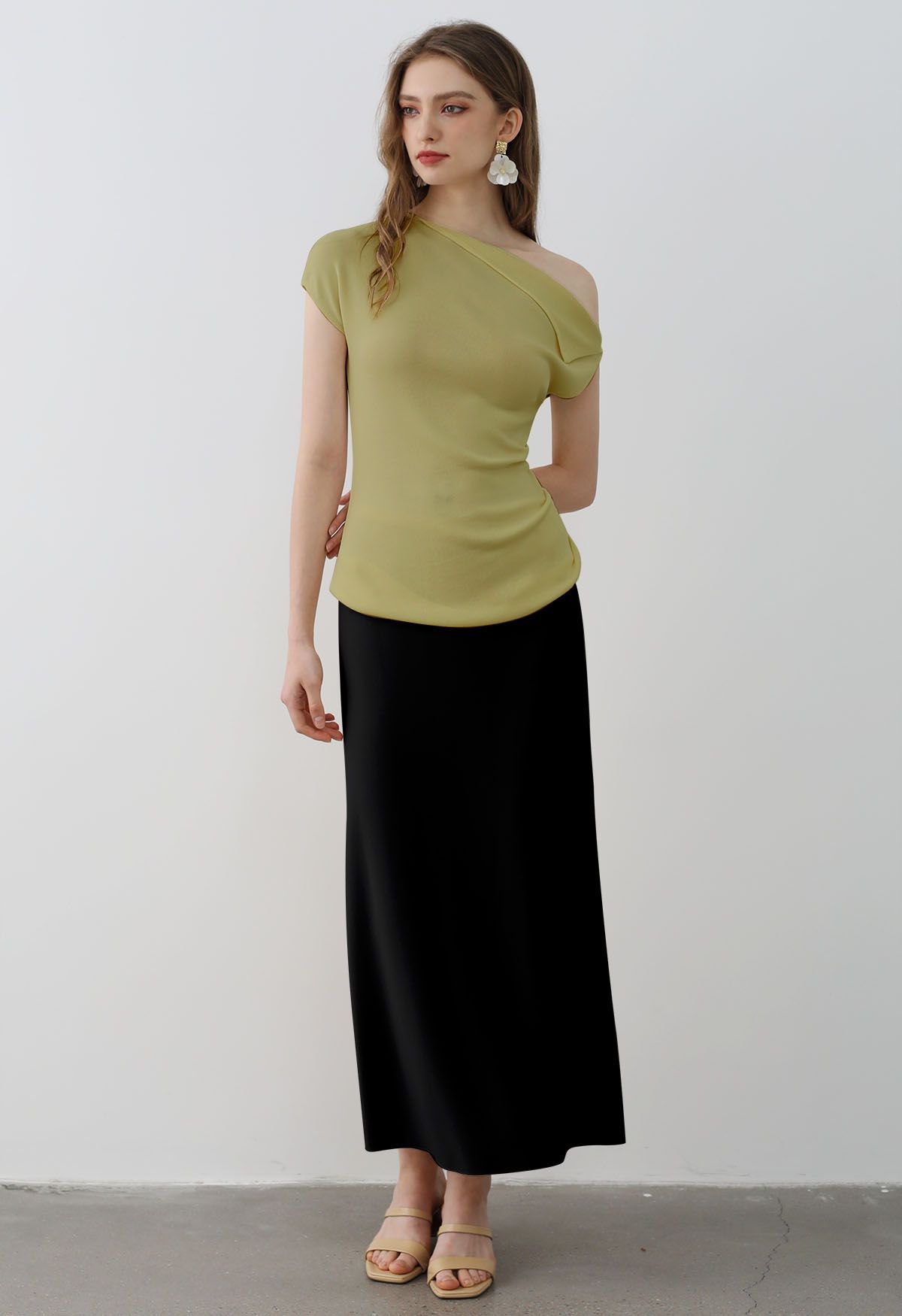 Asymmetric Folded Collar Knit Top in Pistachio