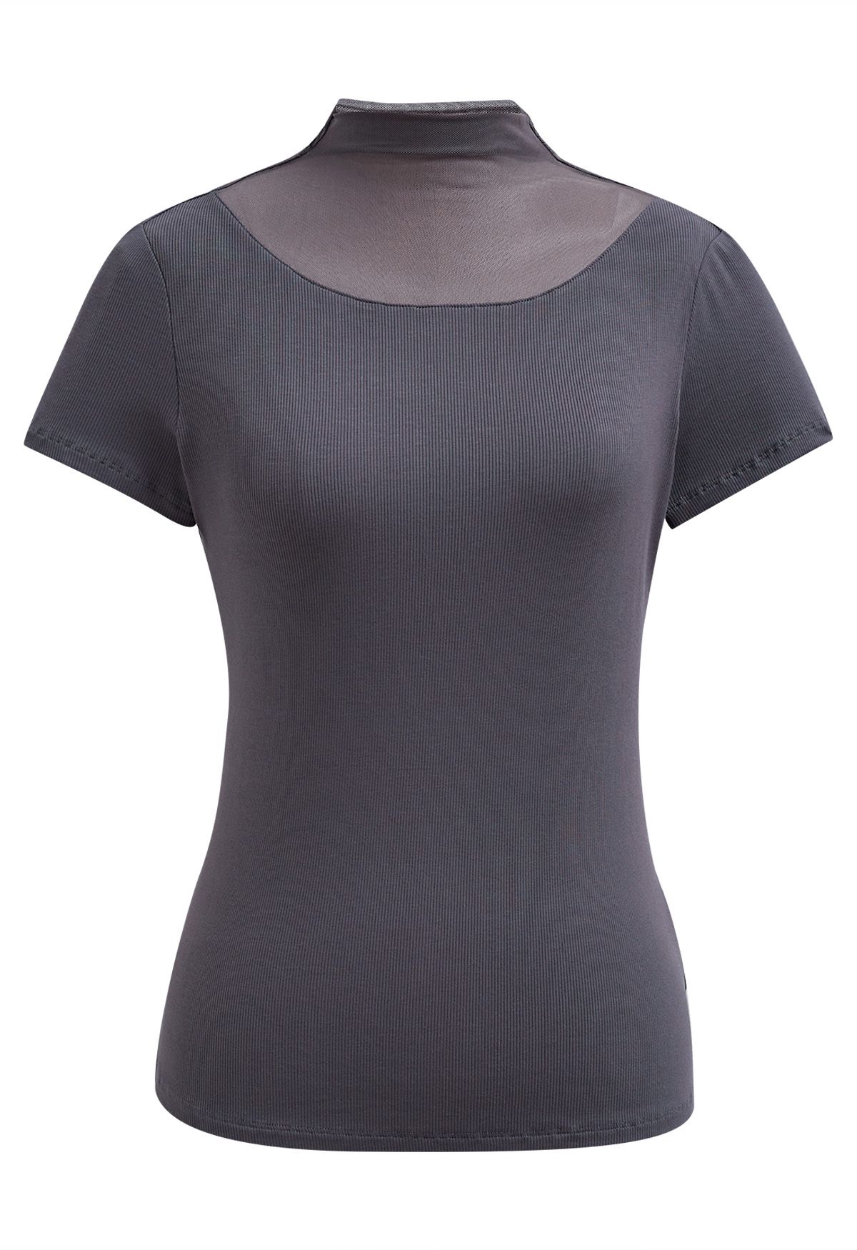 Mesh Spliced Neckline Stretchy Top in Grey