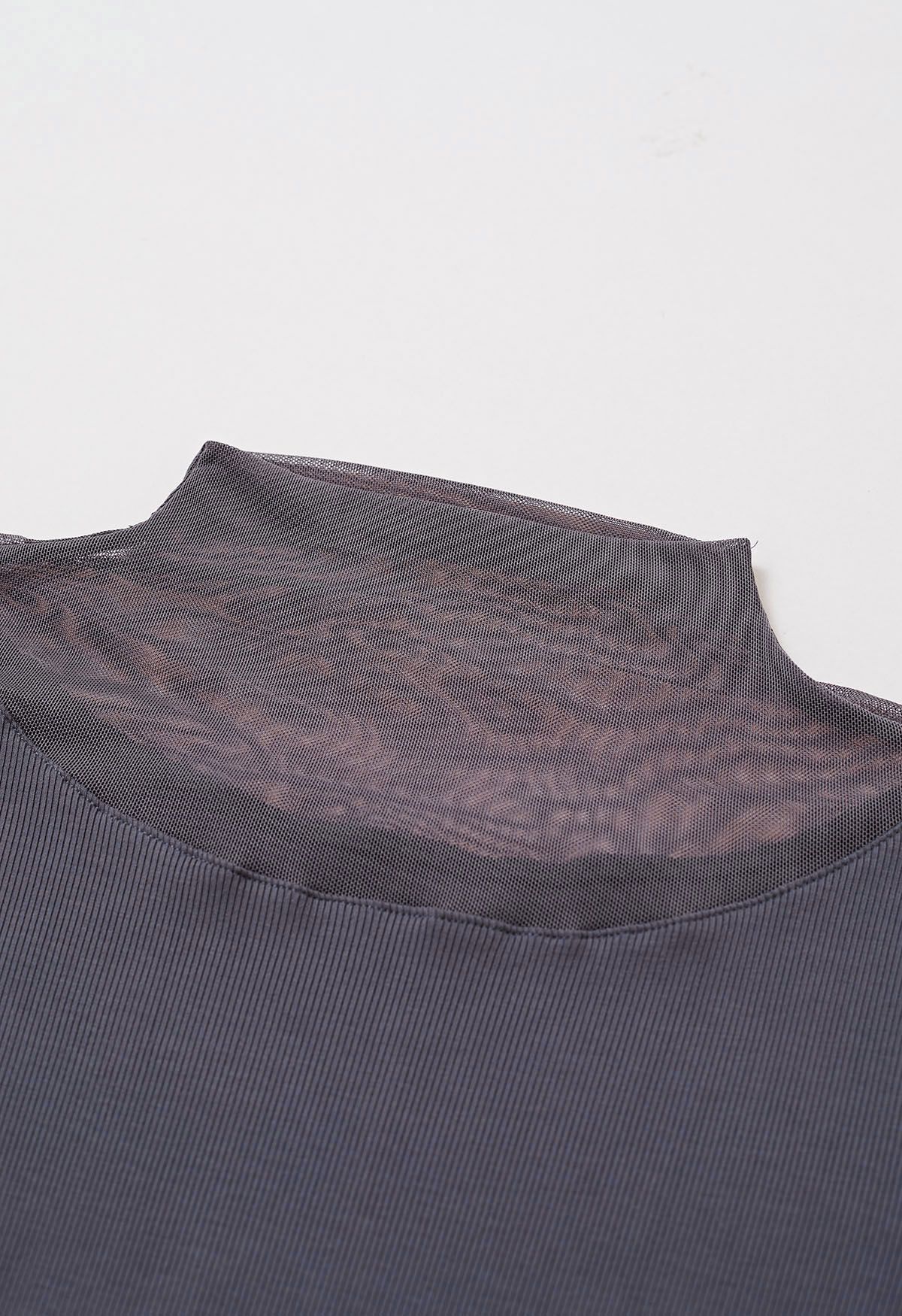 Mesh Spliced Neckline Stretchy Top in Grey