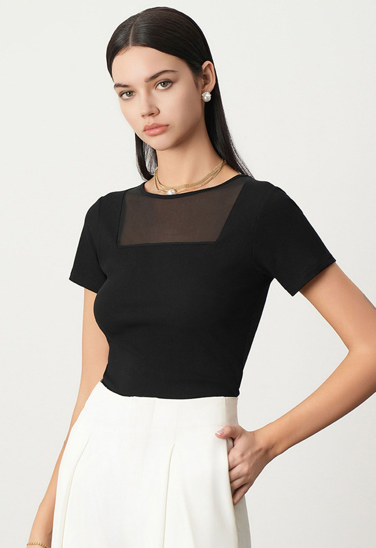 Short Sleeve Mesh Spliced Top